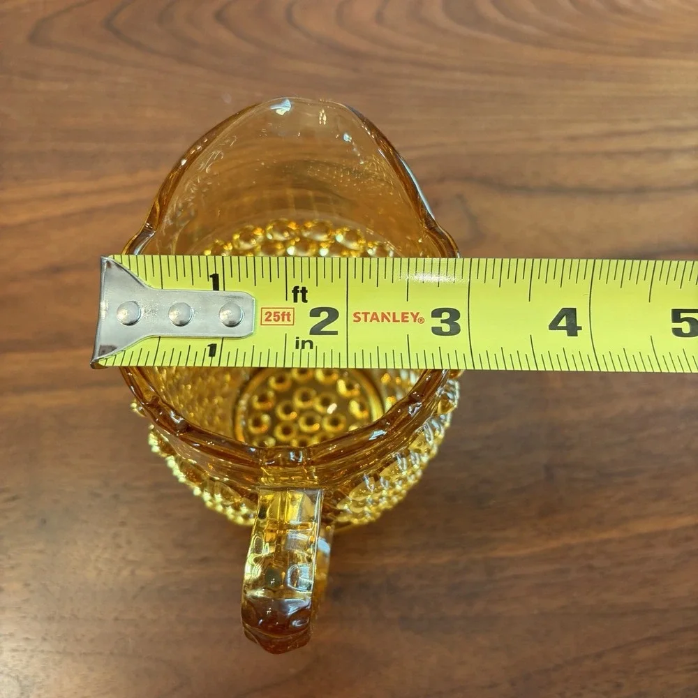Vintage Hobbs Brockunier Amber Glass Ruffle Top Hobnail Pitcher 4